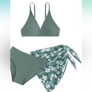 OYOANGLE Girl's 3 Piece Swim Set Floral Print Bikini Set with Cover Up New